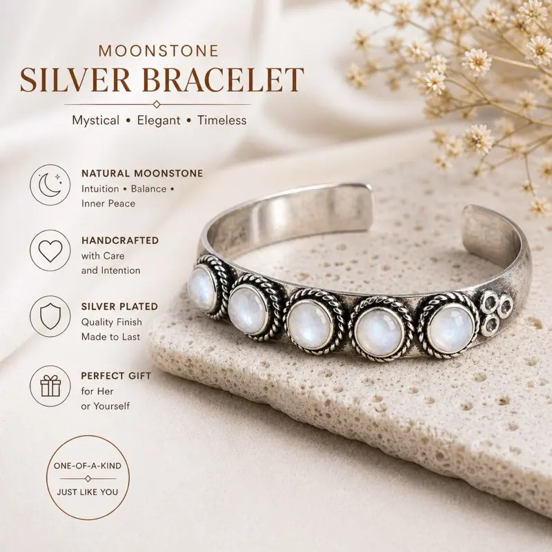 Moonstone Silver Bracelet - Handcrafted with Natural Moonstone for Intuition Balance & Inner Peace - Perfect Gift for Her or Yourself - One-of-a-Kind Silver Plated Jewelry
