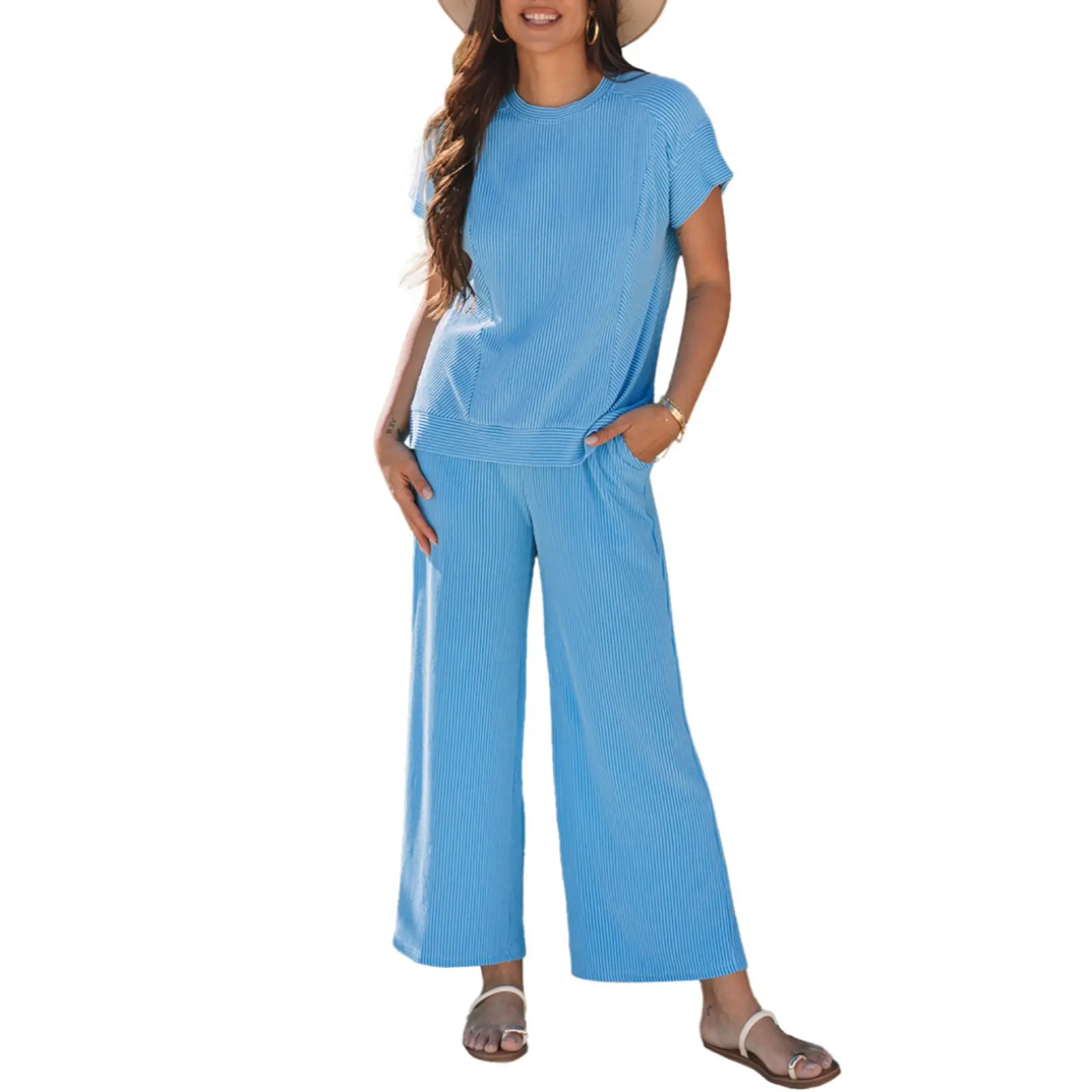 Asvivid Women's Ribbed Knit Pajama Set, 2-Piece Casual Solid Loungewear Nightwear with Short Sleeve T-Shirt and Wide Leg Pants, Pyjamas