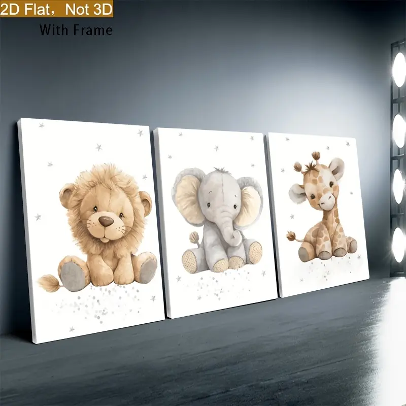 Glossy Waterproof 3-Piece Artistic Canvas Poster Set with Wooden Prints, 2D Flat Mounting, Lion-Elephant-Giraffe & Plush Small Animal Wildlife Patterns, Simple Cute Design, Giraffe-Shaped Wall Art (Box-Included) for Bedroom, Kitchen Wall Home Decor, Wardr