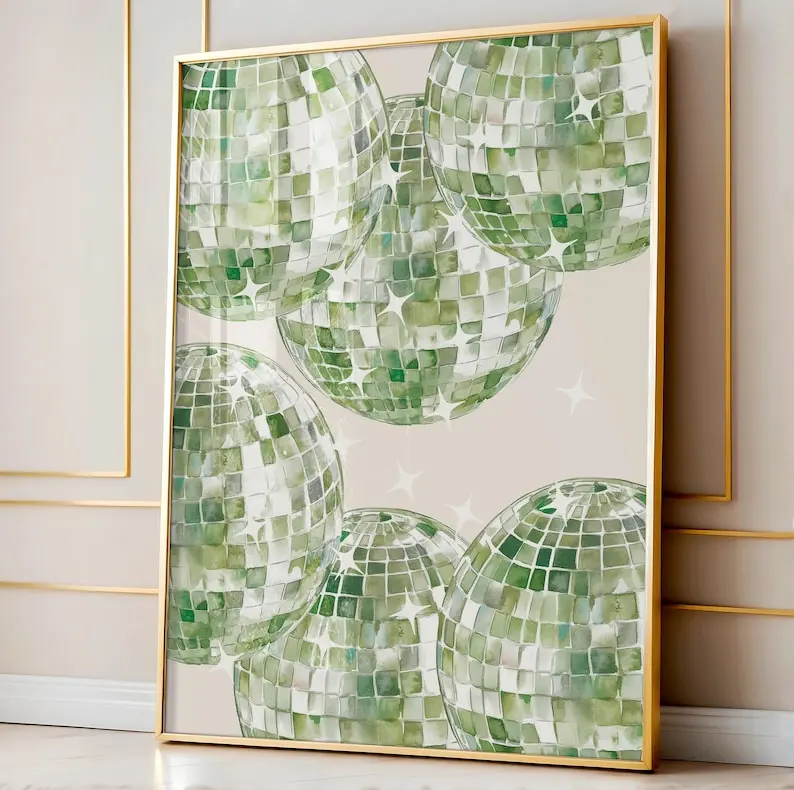 Sage Green Disco Ball Print, Aesthetic 70s Disco Wall Art, Apartment Wall Art, Retro Green Poster, Gift
