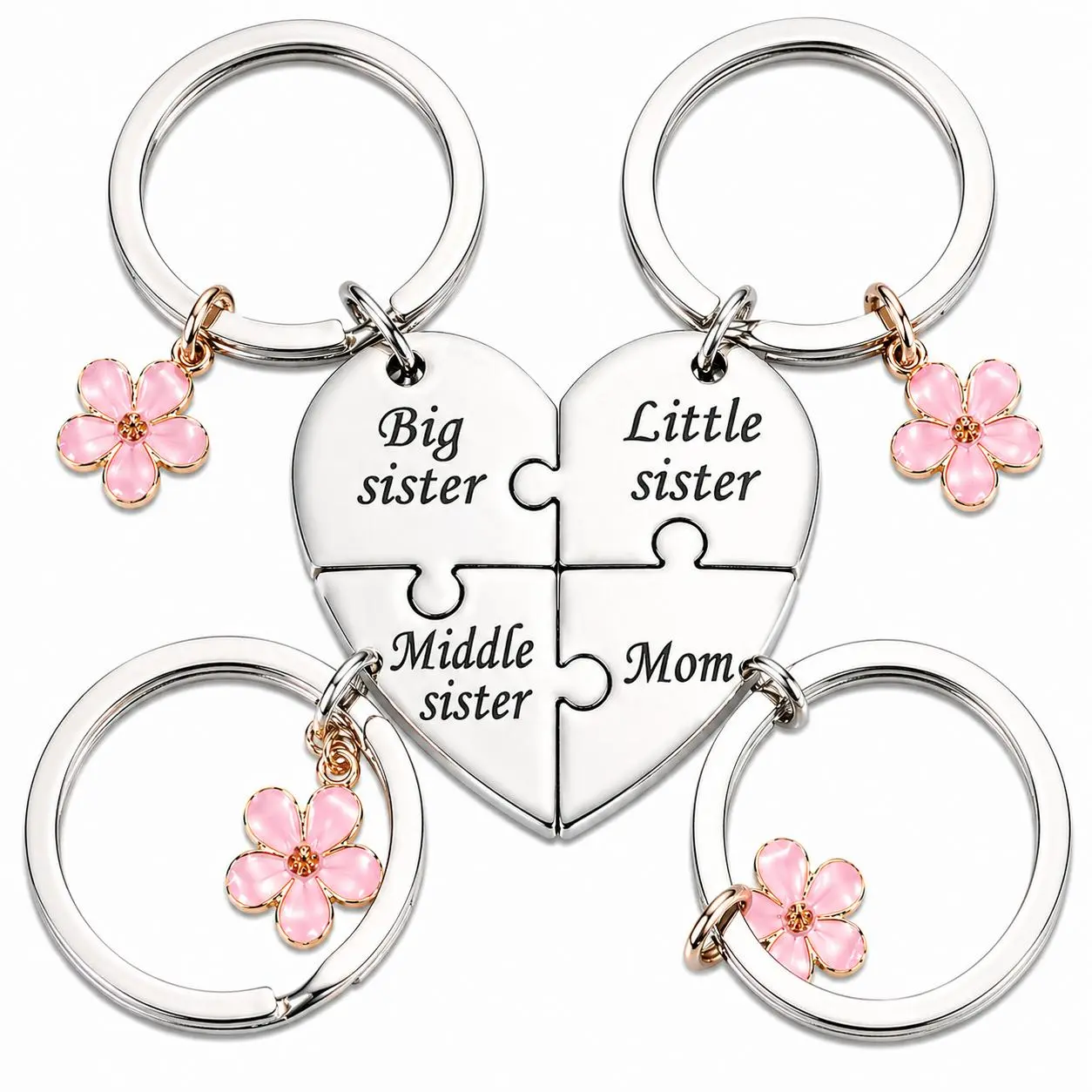 Stainless Steel Hearts Mother Daughter Keychain Set - 4-Piece for Mom & 3 Sisters (Big, Middle, Little) - Thoughtful Gift for Mother's Day, Birthday
