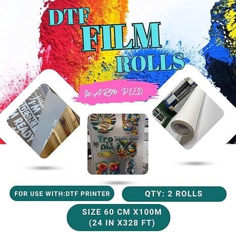 DTF Transfer Film Roll (Hot Peel) 24"x 328ft–Double-Sided Clear PET Heat Transfer Paper for Direct-to-Film Printing–Wash & Crack Resistant–Compatible with All DTF Printers for T-Shirts Textile