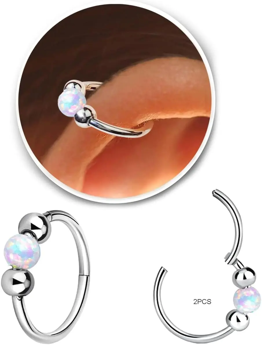 Unisex 2-Pcs 18G 316L Surgical Steel Seamless Heart Opal-Set Hypoallergenic Hinge Huggie Hoop Earrings, Body-Safe Non-Tarnish Gemstone Dainty Piercing Jewelry for Helix, Body-Safe Piercing Jewelry