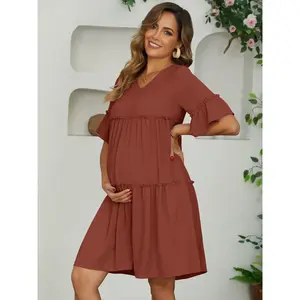 INSPIRE CHIC Womens Maternity Dress Babydoll Bohemian Tiered Ruffled Bell Sleeve Casual V Neck Boho Pregnancy Dresses
