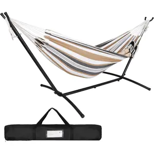 LEMY Double Cotton Hammock with Heavy-Duty Stand – Simple-Style for 2 People, 440 lb Capacity, Desert Stripe Design