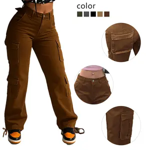 Women’s Loose-Fit Denim Cargo Pants – Non-Stretch High-Waist Design with Multi Utility Pockets