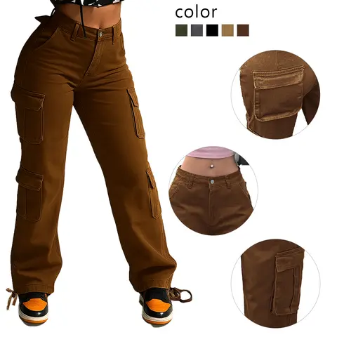 Women’s Loose-Fit Denim Cargo Pants – Non-Stretch High-Waist Design with Multi Utility Pockets