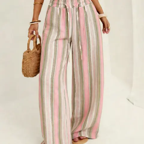 Women's Trendy Loose Striped Wide-Leg Pants, Comfortable Casual Boho Long Pants, Simple Versatile for Vacation and Date Night, Flowy Palazzo Trousers
