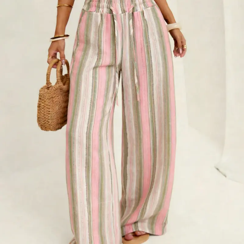 Women's Trendy Loose Striped Wide-Leg Pants, Comfortable Casual Boho Long Pants, Simple Versatile for Vacation and Date Night, Flowy Palazzo Trousers