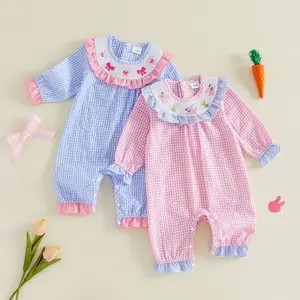 Infant Baby Girl Easter Bubble Romper Plaid Bunny Bow Embroidered Long Sleeve Ruffle Trim Jumpsuit 0-18 Months