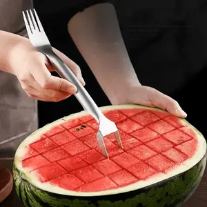 1 Pcs Stainless Steel Watermelon Slicer and Fork, Fruit 2-In-1 Dual Function, Ergonomic Handle, Easy Dicing Tool, Durable Kitchen Gadget