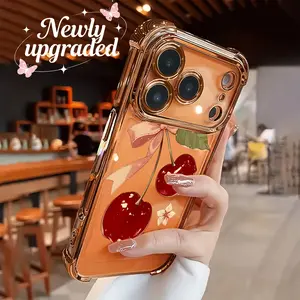 A new electrically plated transparent TPU airbag anti-drop phone case with cherry blossom flower and butterfly knot pattern is suitable for iPhone 17 Pro Max 16, 15, 14, 13, 12, 11. It is a simple and fashionable shock-proof soft case protection cover wit