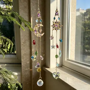 Celestial Sun Moon Star Glass Suncatcher - Iridescent Prism Wind Chime, Hangable Boho Window Hanging Decoration, Unique Light Catcher Home Gift