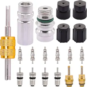 Air Conditioning Valve Core Kit -  AC R12 R134a Teflon Seal Refrigeration Schrader Valve Stem Cores with Remover Tool, Service Valve & HVAC System  Port Seal Caps Kit