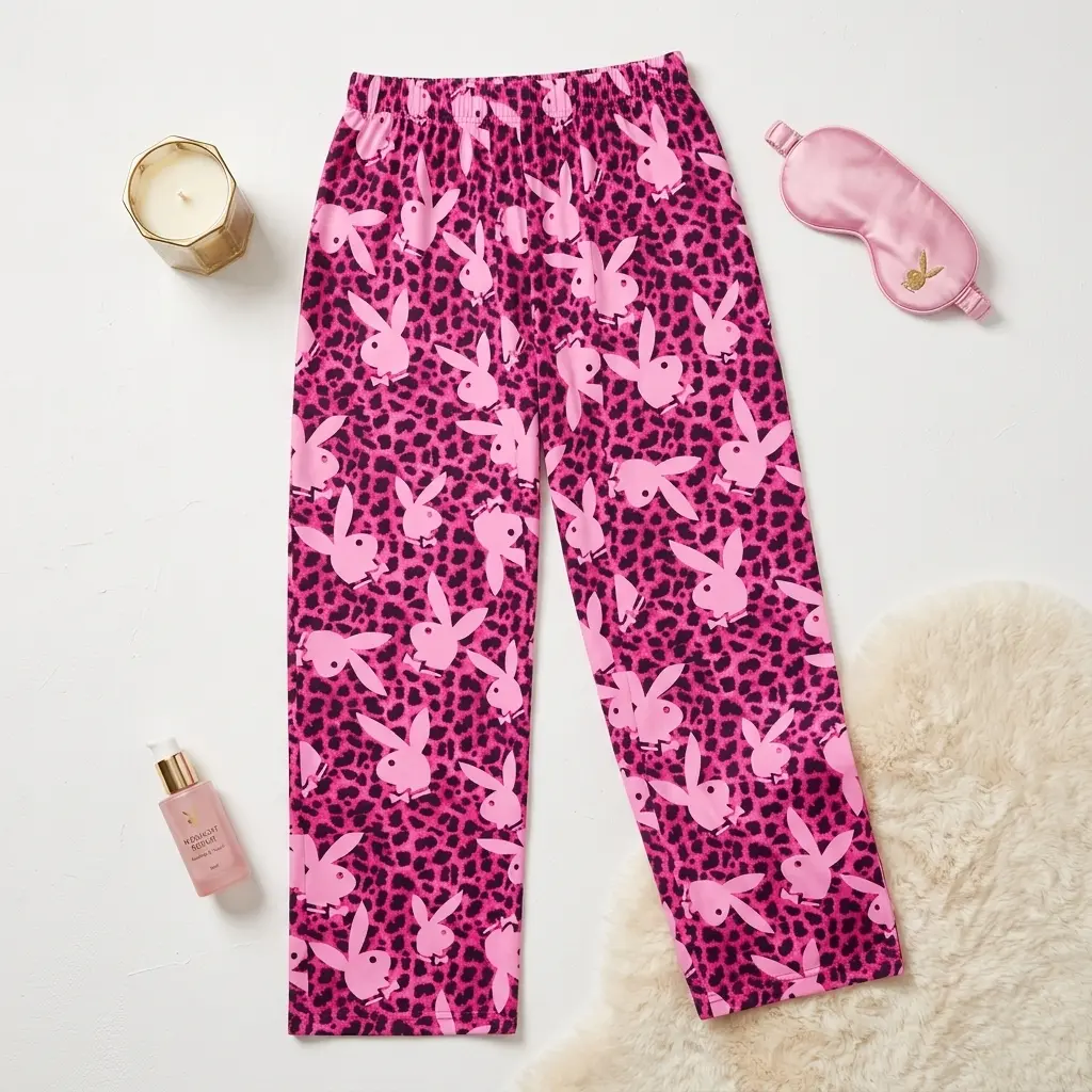 Hot Pink Animal Print Pajama Pants – Cute Bunny Print Sleepwear Pants, Soft Cotton Cozy Lounge Bottoms, Comfortable Home Pajamas for Women