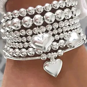 7pcs Naturally Silver Bead Bracelet Set For Women Neutral Casual Vacation Date Daily Wear Accessories with Heart Charms