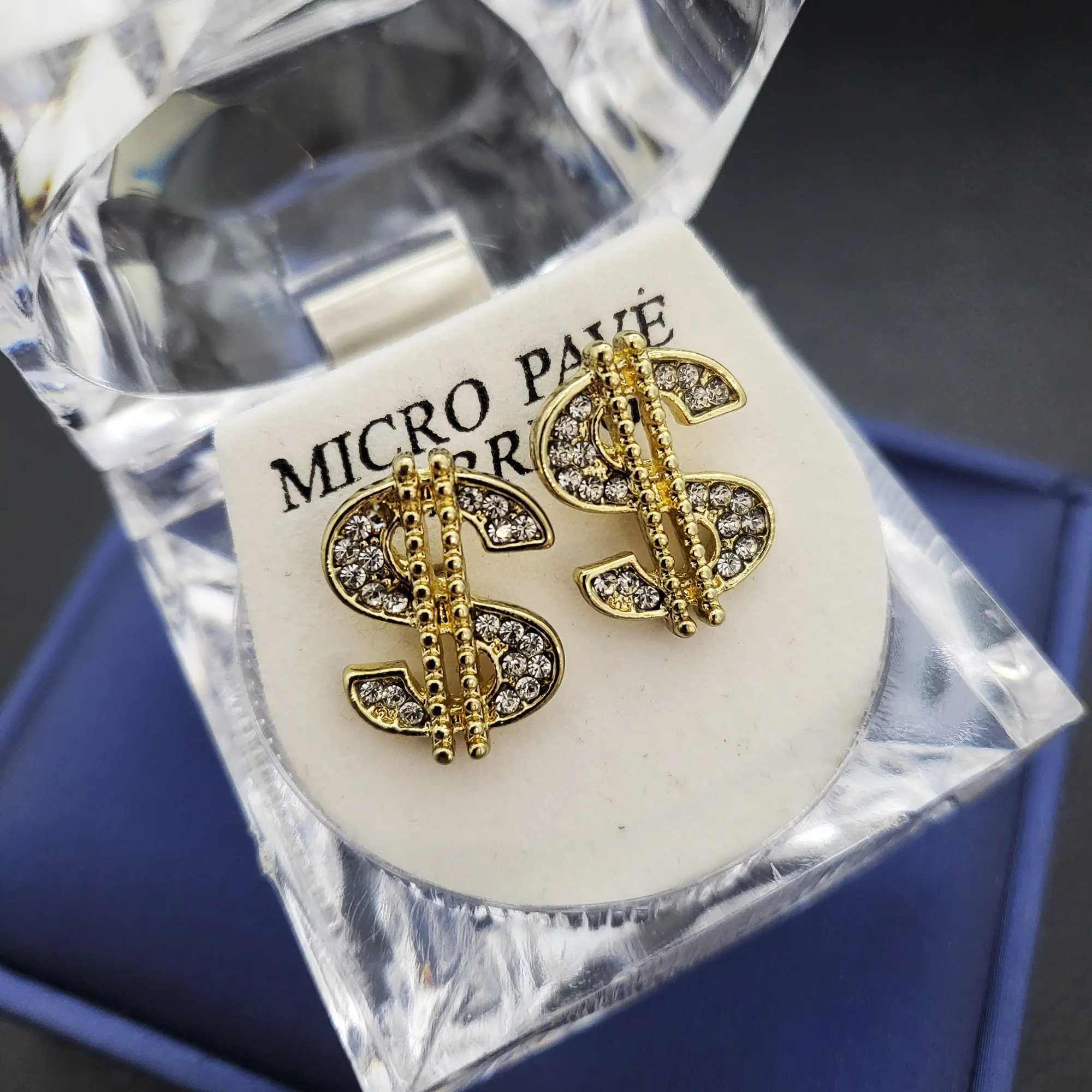 MaxBling81 Stud Earrings, Unisex Hip Hop Dollar Sign in Gold or Silver Plated Alloy with Iced CZ Stones and Surgical Steel Post, 15x10mm, Stud Earring Jewelry, Cz Stones Earrings