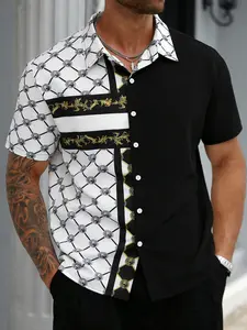 Men's Plus Size 2xl-6xl Street Style Colorblock Shirt, Gold Pattern Summer Casual Shirt, Fashionable and Comfortable Clothing