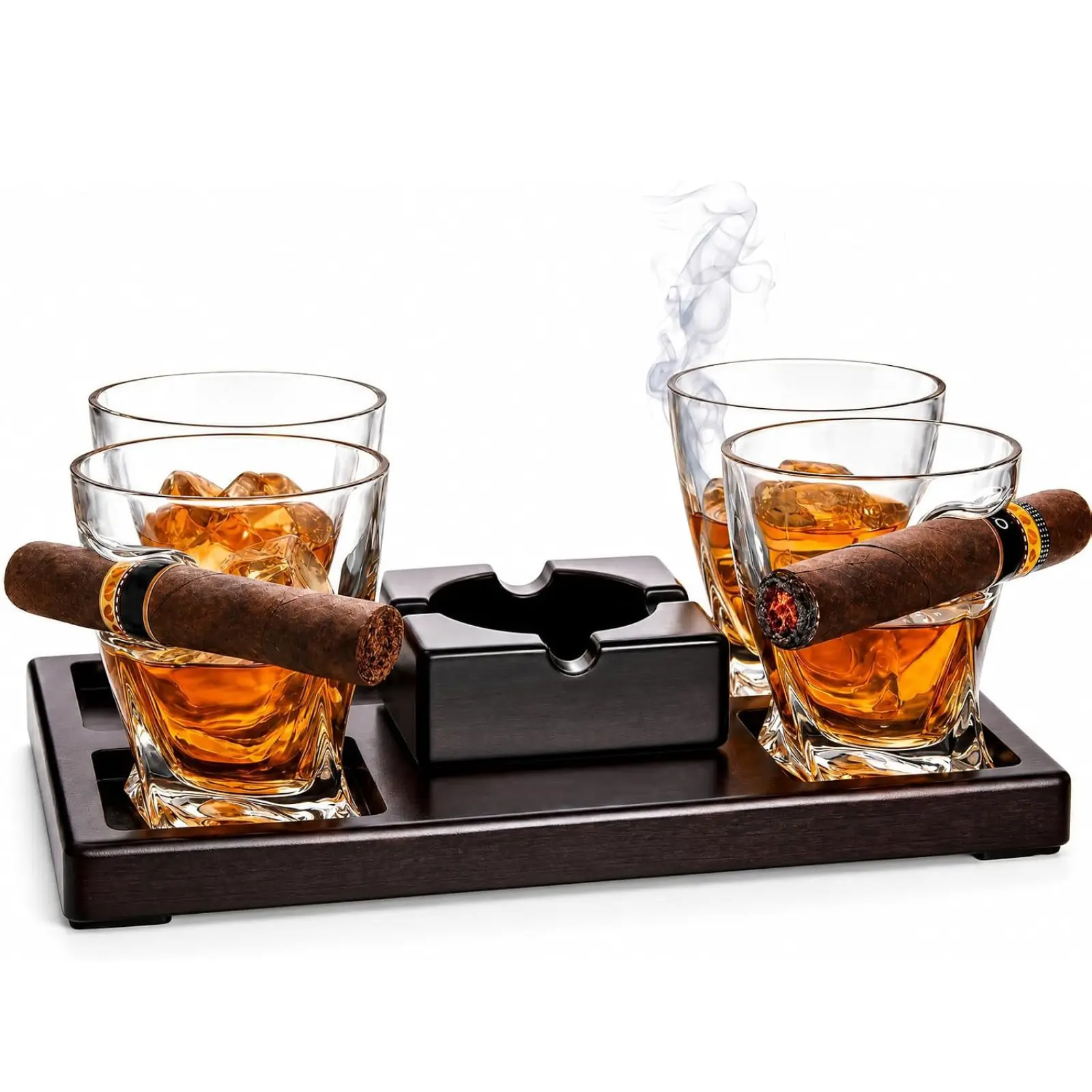Premium Glass & Cigar Tray Gift Set – 4 Twist Glasses with Built-in Cigar Holder & Removable Wood Ashtray – Luxury Barware Accessories & Decor Gift for Men, Dad, Husband, Bar, and Man Cave