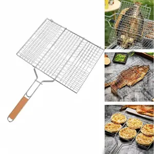 Barbecue Specific Mesh Clip, Grilled Fish and Meat Clip, Heat-resistant Wooden Handle, Durable and Easy To Clean, Essential Barbecue Tools for Home and Outdoor Use