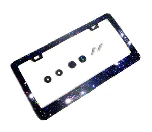 Dazzling Addiction Bling License Plate Frame Holographic Black Big Chunky Glitter Bling Jet AB Made in USA Handmade Diamond Holder Screw Caps Personalizable Customizable Customized Dark Rainbow Bedazzled Sparkly Shimmering Gift for Her Girl Women
