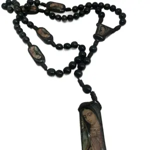 Saint Wood Rosary Necklace - Beads with Wooden Pendant, Religious Ornament - Decor, Ornaments
