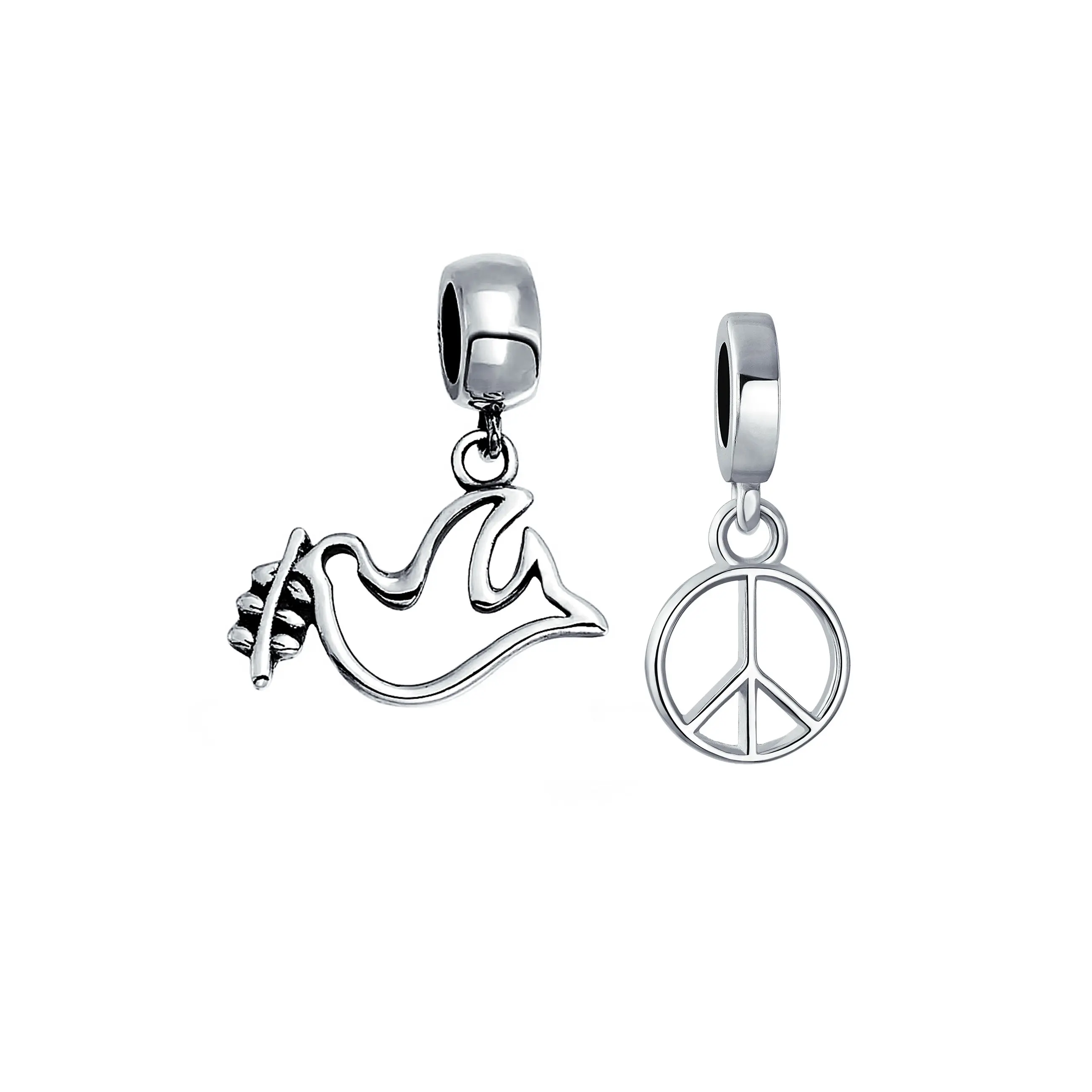 Sterling Silver World Peace Sign & Olive Branch Dove Love Bird Dangle Charm Bead for Bracelet (Set)