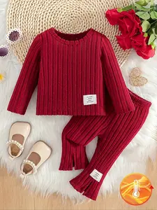 Baby Girl Spring & Fall Striped Knit Set, Casual Long Sleeve Top + Flared Pants, Plain Pattern, Suitable for 0-3 Years, Valentine's Gift