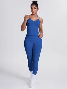 Women's Sports Suit, Neck Hanging Vest & Sports Pants 2-piece Set, Seamless Solid Color Fitness Suit, Running Training Pilates Set, Yoga Tracksuit Set, Yoga Clothes Set