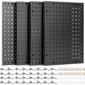 Heavy Duty 4-Panel Pegboard Wall Organizer & 32 Peg Hooks - Four Black Metal Peg Board Panels for Shops or Warehouse - Garage Tool & Walls Organizer - Modular Complete Kit With Installation Hardware
