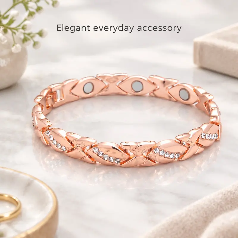 Women's Elegant Leaf-Shape Magnet Bracelet - Adjustable Pure Copper Magnetic Bracelet with Diamonds, 3500 Gauss Effective Magnet, for Daily Wear & Outdoor Fun Pure Copper Bracelets Adjustable Bracelets