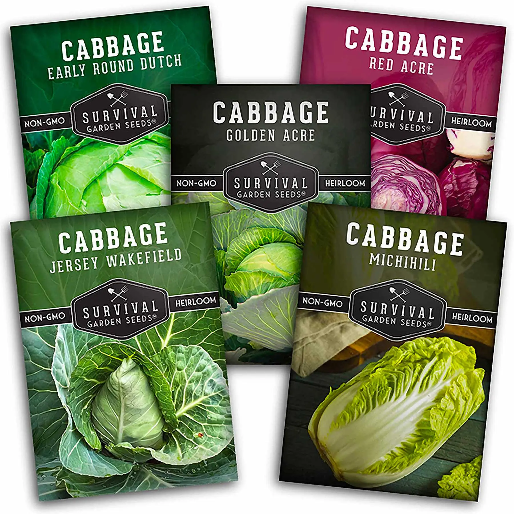 Cabbage Seed Collection - Red Acre, Golden Acres, Jersey Wakefield, Early Round Dutch & Michihili (Napa)