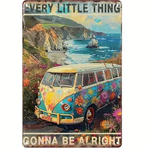 Metal Sign - 8X12 Inches Bus Hippie Flower Artwork - Durable Wall Decor for Home, Garden, and More - Adds Rustic Charm to Living Room, Kitchen, Office, Cafe