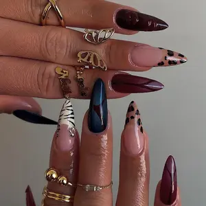 24 Pcs Almond Shape Nail Tips, Bordeaux & Navy Mix, Leopard & Zebra Print, Glossy Fake Nails, Reusable, Party & Daily Wear, Includes Jelly Glue & File