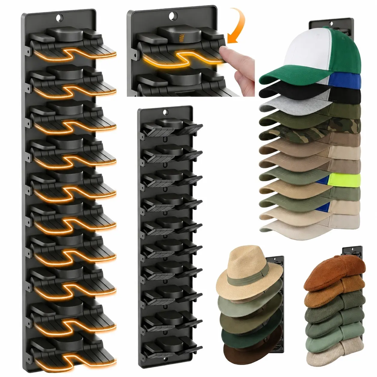 2 Pack Hat Organizer for Baseball Caps, Wall-Mounted Hat Display Rack, Space-Saving Hat Holder with Spring Clips for Easy Access, Fits Closet Doors, Bedroom Walls & Entryways, Black