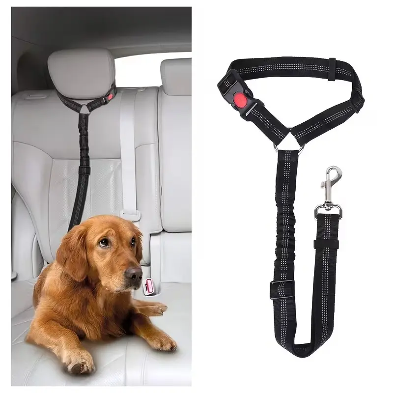 1-Piece Black Reflective Adjustable Nylon Pet Car Leash - No Pull Safety Leash, Universal Fit, Detachable, Easy-to-Install Vehicle Restraint with Elastic Buffer for Pet Travel