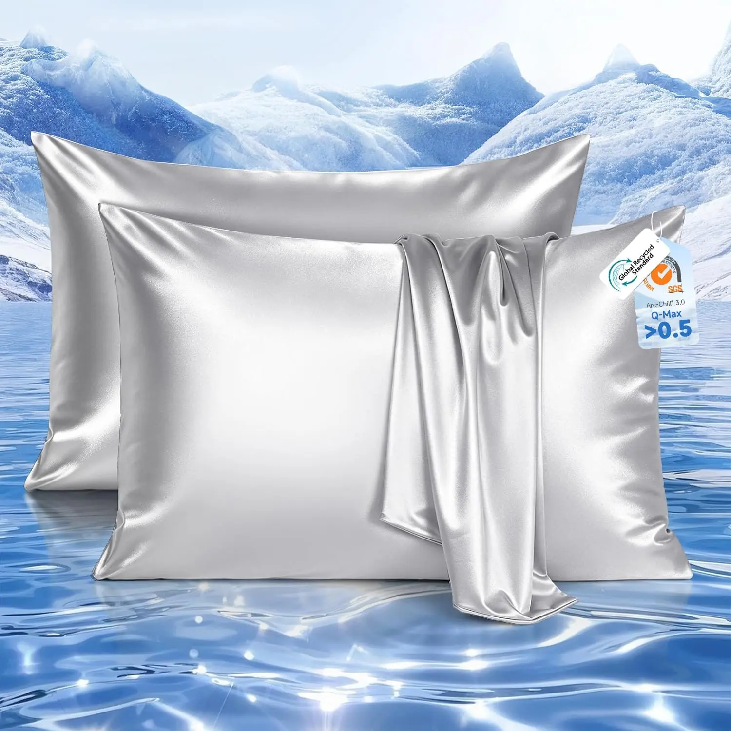 Cooling Pillow Cases Set of 2, Satin Pillowcases, Zipper, King | Arc-Chill 3.0 Cool Tech Q-Max>0.5, Odor Resistant & Cool Satin Fabric for Hot Sleepers, Softer Than Silk for Hair & Skin,Gray