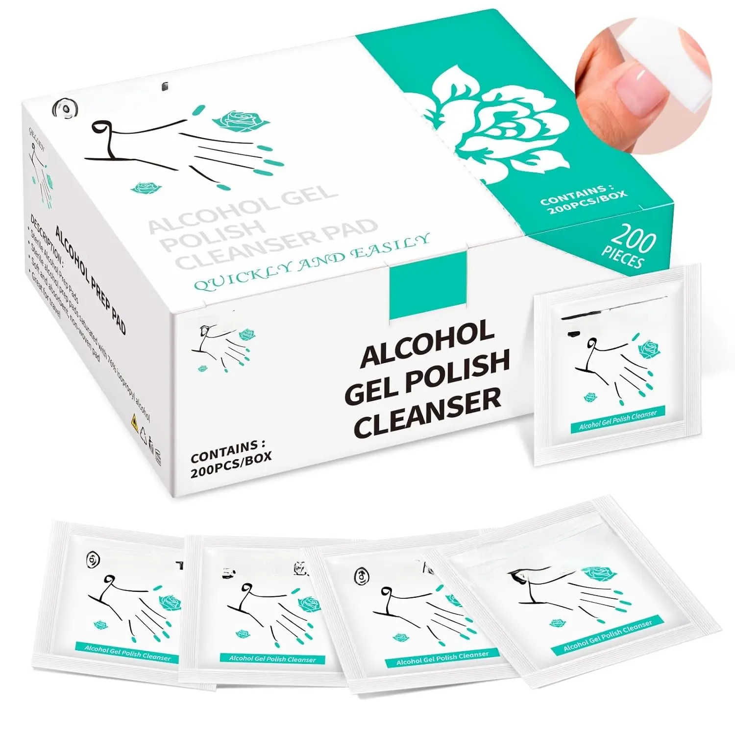 Nail Cleanser Pads, 200 Pack Alcohol Prep Pads Nail Cleanser Wipes Remove Tacky Residue, Lint-free Glossy Wipes for Acrylic/Builder/Gel Polish Travel Individually Wrapped for Perfect Manicure