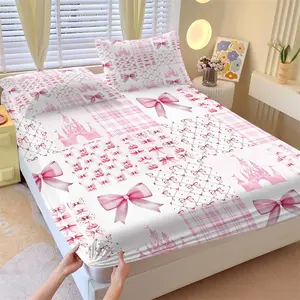 3-Piece Pink Bow & Castle Print Fitted Sheet Set, 1 Fitted Sheet + 2 Pillowcases, Premium Microfiber Fabric, Deep Pocket Non-Slip Mattress Cover, Sweet Coquette Bedding for All Bedroom Styles