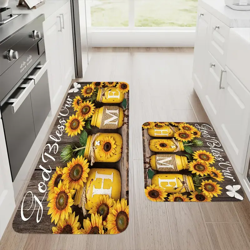 1/2/3pcs Sunflower Pattern Modern Anti-Slip Breathable Cushioned Kitchen Mat - Soft Lightweight Flannel, Machine-Made Polyester, Suitable for Kitchen, Living Room, Bathroom, Anti-Slip Kitchen Rugs, Breathable Kitchen Rugs