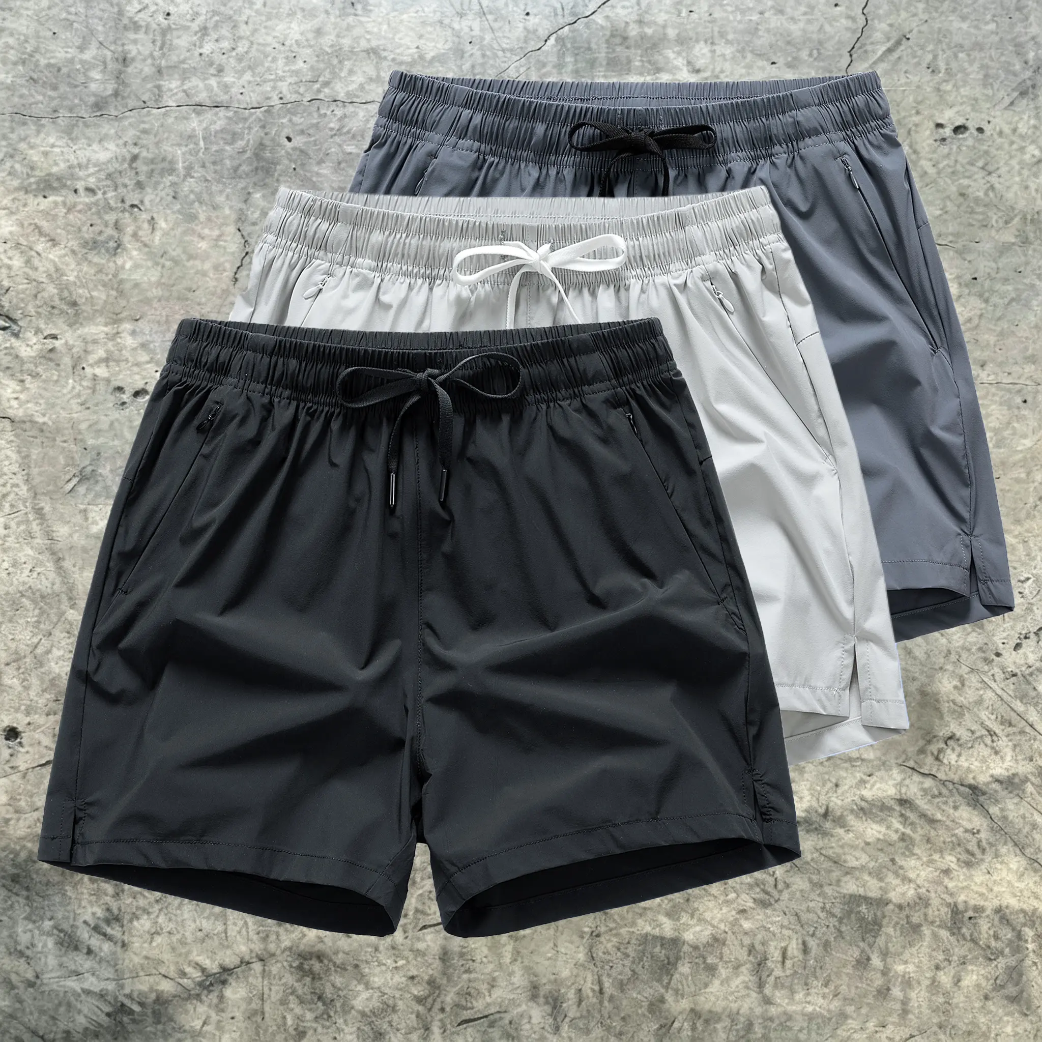 Men's Woven 3-Pack Solid-Color Casual Lightweight Breathable Athletic Shorts - Adjustable Elastic Waistband with Drawstring, Zippered Pockets - Suitable for Indoors, Running, Workouts, Baggy
