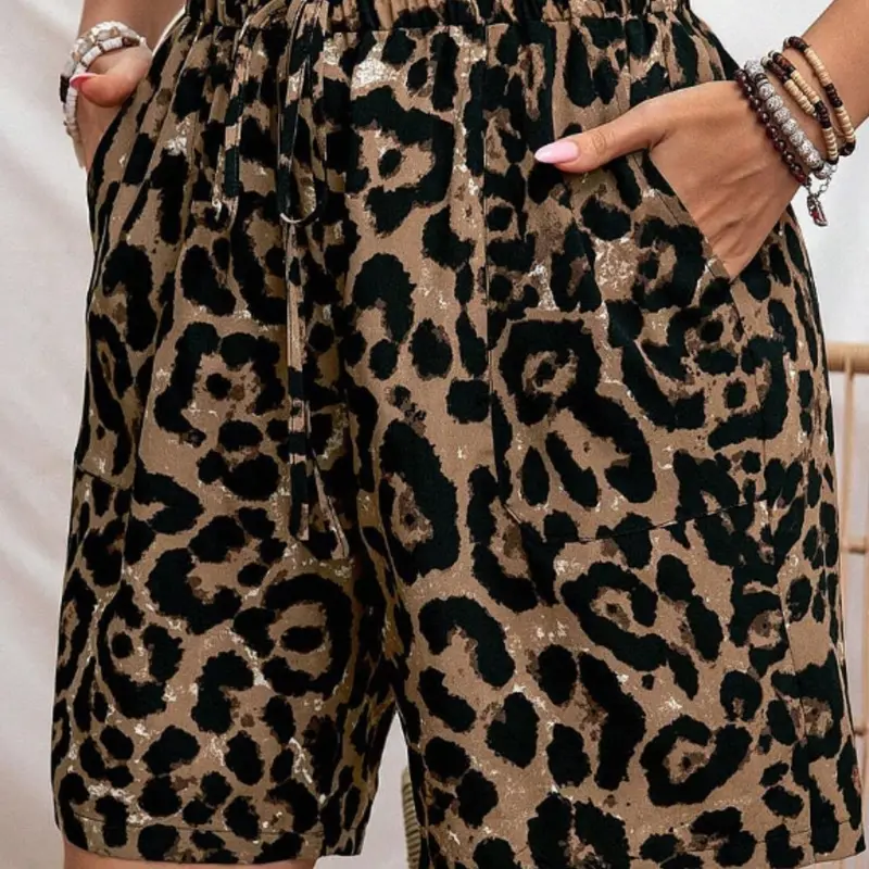 Plus Size Women's Leopard Print Pockets Drawstring Shorts, Casual Summer Elastic High Waist Shorts, Breathable Comfortable Shorts, Daily Casual Shorts