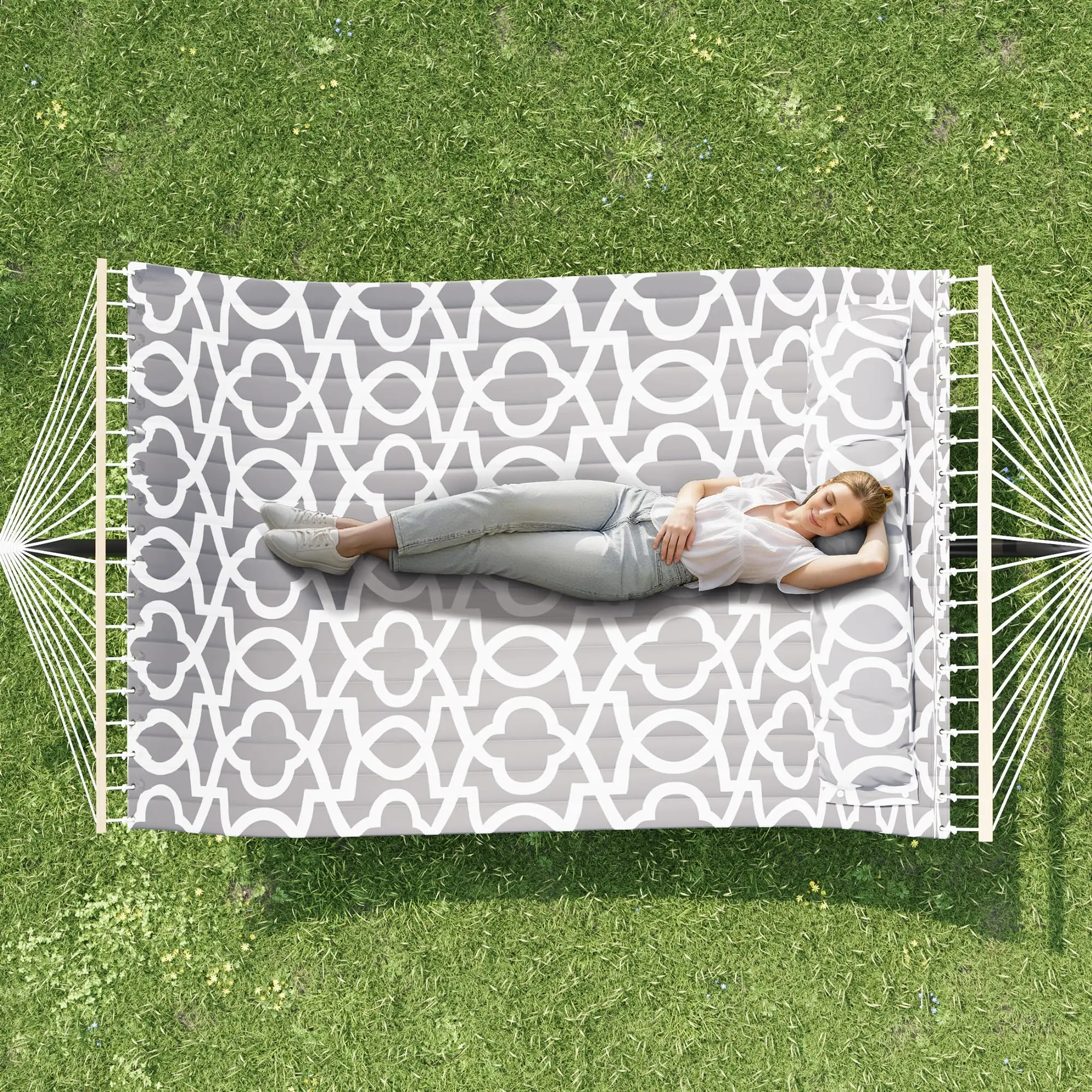Garvee Extra Wide, Freestanding Double Hammock for 2 People with Sturdy Metal Frame – Load-bearing, Ideal for Garden, Terrace, Balcony – Includes Carry Bag & Pillows, Light Gray - Widened