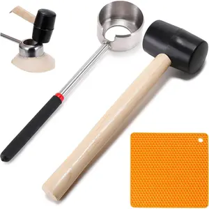 Food Grade Stainless Steel Coconut Opener Tool Kit for Young & Mature Coconuts, Includes Shell Puncher Knife, Wood Handle Rubber Hammer, Shockproof Silicone Mat