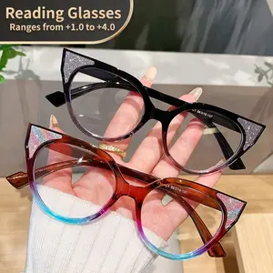 Men Women Cute Cat Eye Glasses Adjustable +1.0 to +4.0 Strength Clear Transparent Vintage Floral Frame PC Material