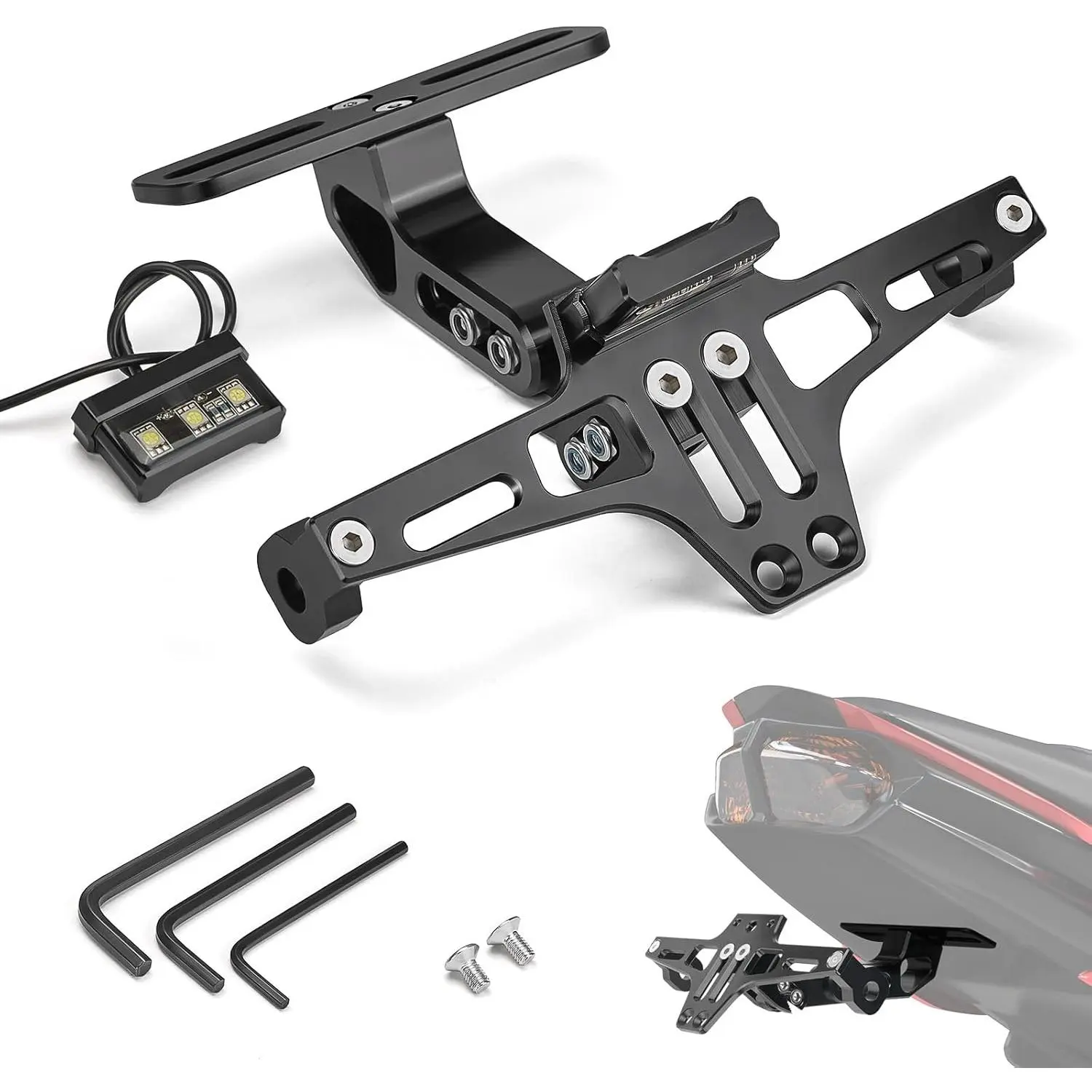 Universal Motorcycle License Plate Bracket with LED Light Fender Eliminator Kit CNC Aluminum Motorcycle Tail Tidy License Plate Holder Mount Black