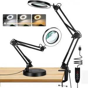 10X Magnifying Glass With Light and Stand, Dimmer Adjustable Swing Arm 2-in-1 Desk Lamp and Clamp, LED Lighted Desk Magnifier with Light for Craft Reading Repair Painting Close Work