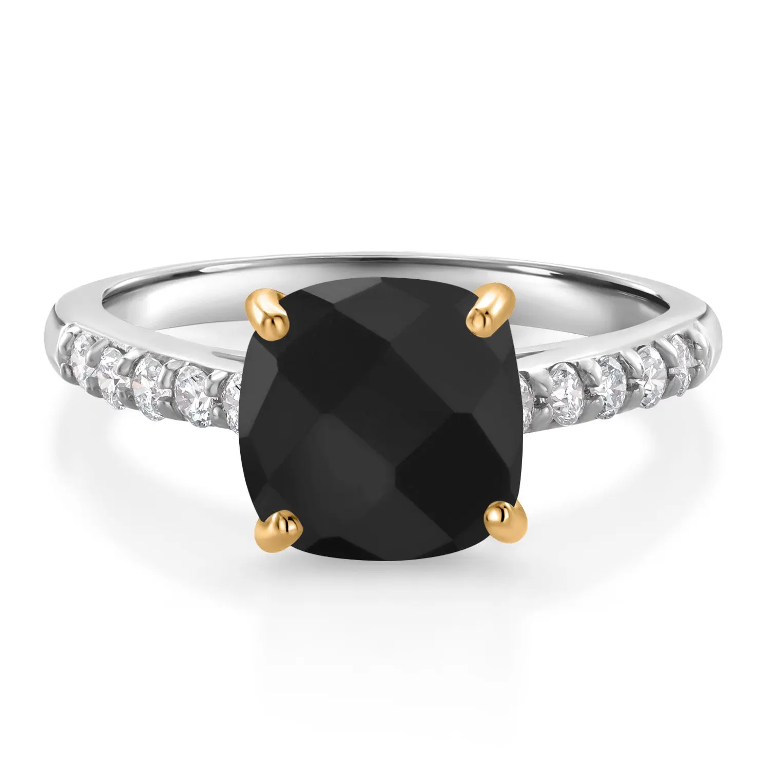 2.31 Ct Cushion Checkerboard Black Onyx G/H Lab Grown Diamond 10K White Gold Engagement Ring with Yellow Gold Prongs