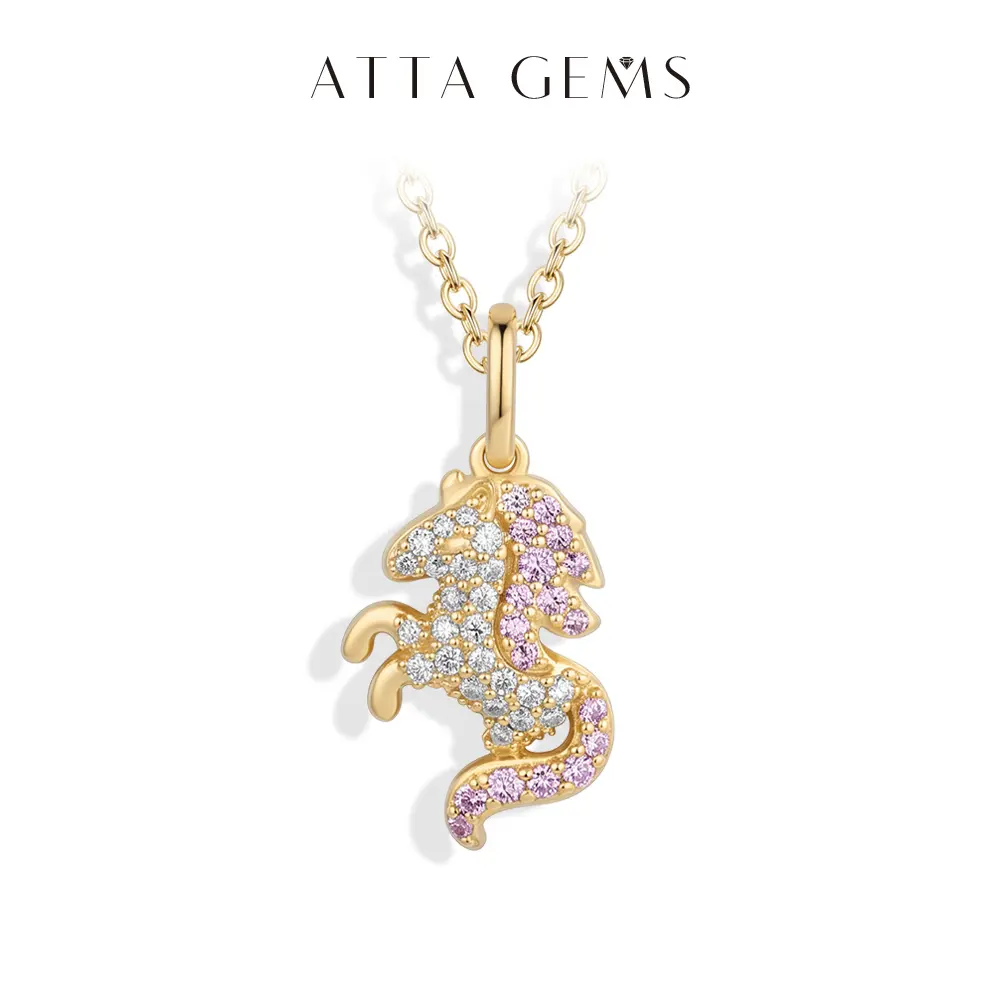 ATTAGEMS S925 Sterling Silver Unicorn Shape Necklace for Women, Cute Pendant with Moissanite and Pink Zircon, Birthday Gift
