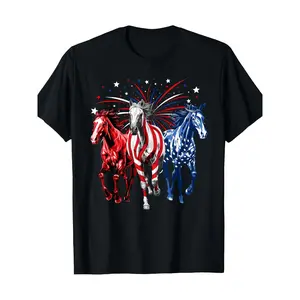 Outdoor Adventures| Patriotic Horse Lovers T-Shirt - 100% Cotton, Red White & Blue American Flag Design with Colorful Horse Silhouettes, Casual Round Neck, Short Sleeve - Ideal for Casual Attire, Horse Lover Gifts